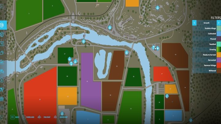 Domyślne ustawienia mapy pokazują typy roślin, które rosną na polach - Farming Simulator 22: Monitorowanie wzrostu - Farming Simulator 22 - poradnik do gry