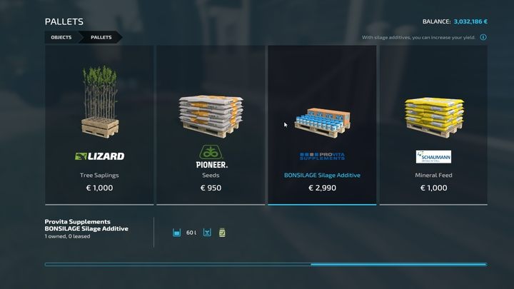 Dodatki do kiszonek to specjalny przedmiot dostępny na paletach w Sklepie na paletach - Farming Simulator 22: Czym są dodatki do kiszonki? - Farming Simulator 22 - poradnik do gry