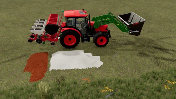 Aby napełnić siewniki z kupek surowców, musicie załadować je z użyciem łopaty, podłączonej do ładowacza czołowego ciągnika lub innej ładowarki - Farming Simulator 22: Napełnianie zbiorników maszyn - Farming Simulator 22 - poradnik do gry