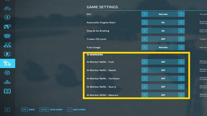 W opcjach gry możecie ustalić, czy pracownicy mają wykorzystywać napełnione urządzenia czy jednak mają nabywać potrzebne materiały samodzielnie - Farming Simulator 22: Napełnianie zbiorników maszyn - Farming Simulator 22 - poradnik do gry