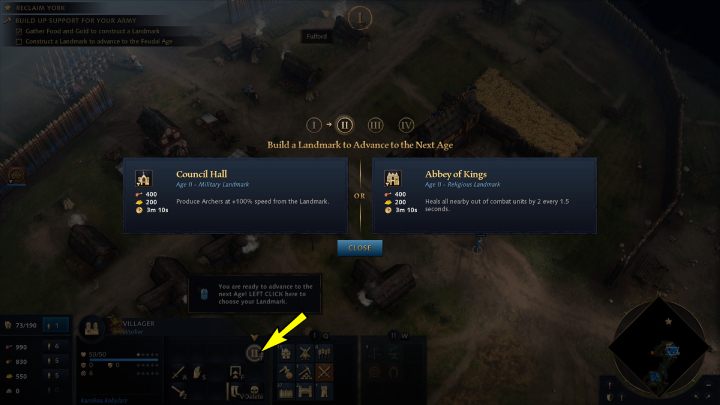 Zbierzcie 400 sztuk mięsa i 200 sztuk złota, wybierzcie osadnika i postawcie jeden z budynków, aby przejść do następnej ery - Age of Empires 4: North to York (The Normans) - solucja, opis przejścia - Age of Empires 4 - poradnik do gry