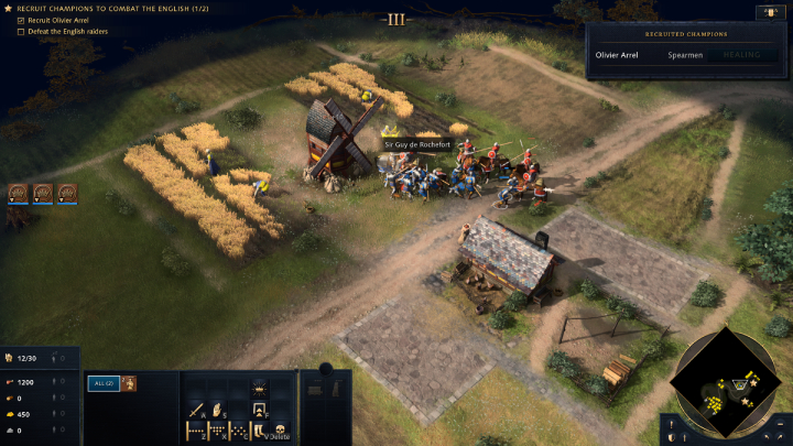 Podążajcie wzdłuż ścieżki i podejdźcie do francuskiego championa zwanego Sir Guy de Rochefort, który będzie stał przy farmach i młynie - Age of Empires 4: The Combat of the Thirty (The Hundred Years War) - solucja - Age of Empires 4 - poradnik do gry