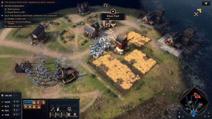 Na koniec zniszczcie wszystkie budynki portu rzecznego, zlokalizowanego w niewielkiej odległości od przejętej kopalni - Age of Empires 4: Retake Normandy (The Hundred Years War) - solucja - Age of Empires 4 - poradnik do gry