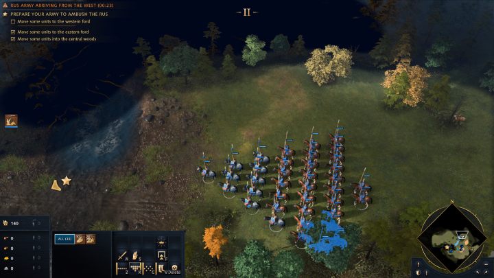 Po rozpoczęciu misji podzielcie swoje wojsko na 3 oddziały złożone z lekkiej i ciężkiej kawalerii i wyślijcie je w wyznaczone punkty na mapie - Age of Empires 4: The Battle of Kalka River (The Mongol Empire) - solucja - Age of Empires 4 - poradnik do gry
