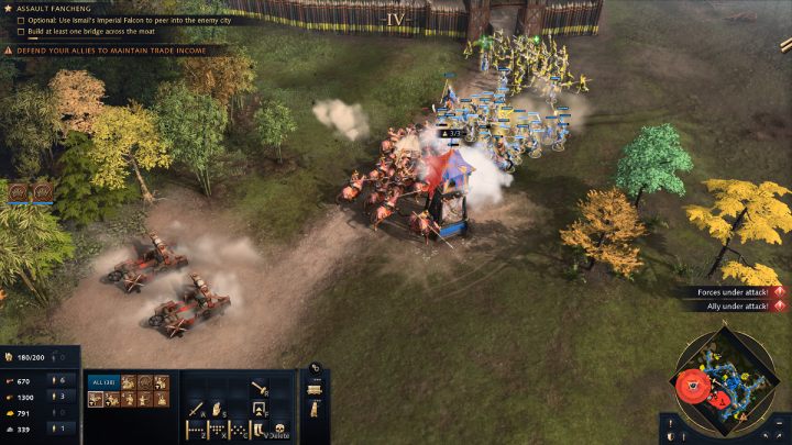 Podzielcie wojsko stojące przed Waszym fortem na 2 grupy i wyślijcie je do obrony 2 obozów zaznaczonych na minimapie - Age of Empires 4: The Fall of Xiangyang (The Mongol Empire) - solucja - Age of Empires 4 - poradnik do gry
