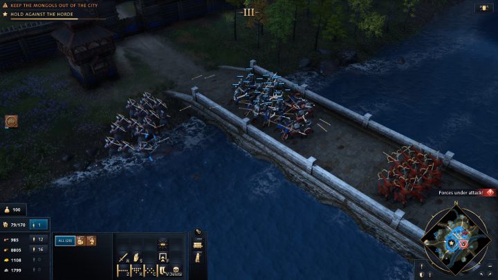 Mosty powinny być chronione przez Włóczników, którzy ustawieni odpowiednio nie przepuszczą oddziału mongolskich jeźdźców - Age of Empires 4: Hold Against the Horde (The Rise of Moscow) - solucje - Age of Empires 4 - poradnik do gry