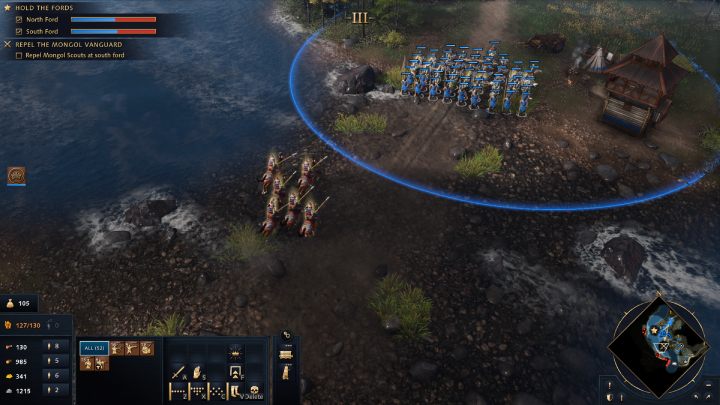 Po upływie 7 minut, po dwóch stronach rzeki zaczną napływać niewielkie oddziały mongolskich Zwiadowców (Scouts) - Age of Empires 4: Great Stand on the Ugra River (The Rise of Moscow) - solucje - Age of Empires 4 - poradnik do gry