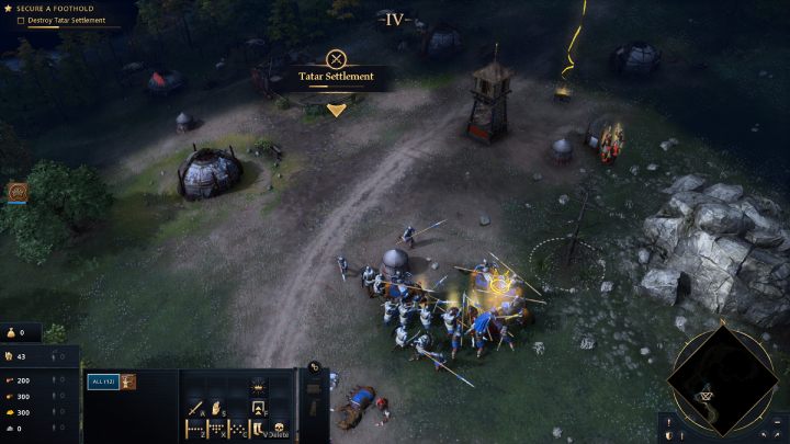 Po rozpoczęciu misji zaznaczcie swoje wojsko i podążajcie wzdłuż głównej drogi, aż dotrzecie do osady wroga - Age of Empires 4: The Siege of Kazan (The Rise of Moscow) - solucje - Age of Empires 4 - poradnik do gry