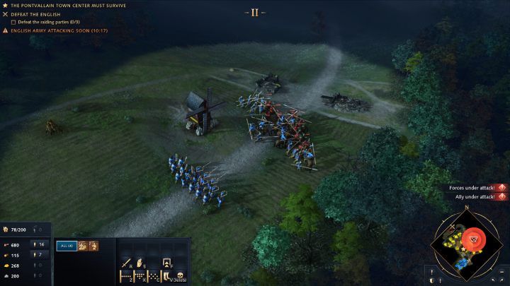 Gdy licznik w lewym górnym rogu ekranu będzie wskazywał 13 minut i 15 sekund, na Pontvallain wyruszy 1 fala wroga - Age of Empires 4: The Battle of Pontvallain (The Hundred Years War) - solucja - Age of Empires 4 - poradnik do gry