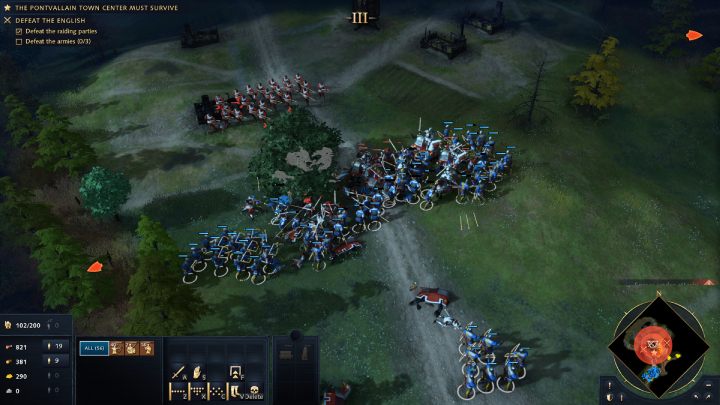 Do obrony Pontvallain potrzebujecie około 60 żołnierzy piechoty, 40 łuczników i 20 jednostek kawalerii składającej się ze zwykłych i ciężkozbrojnych jeźdźców - Age of Empires 4: The Battle of Pontvallain (The Hundred Years War) - solucja - Age of Empires 4 - poradnik do gry