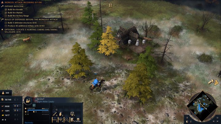 Wyślijcie Zwiadowcę (Scout) do odkrycia terenu wokół osady, możecie znaleźć tam kilka skrzyń z surowcami oraz Mieszkańców, którzy uciekli z Moskwy podczas najazdu wroga - Age of Empires 4: Rebuilding Moscow (The Rise of Moscow) - solucje - Age of Empires 4 - poradnik do gry