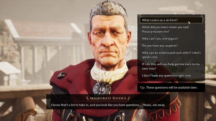 Magistrate Sentius opowie Wam wiele o mieście, mieszkańcach, Golden Rule, o tym co się działo przed latami, wypyta Was o życie - The Forgotten City: Poznanie Golden Rule - solucja, opis przejścia - The Forgotten City - poradnik do gry