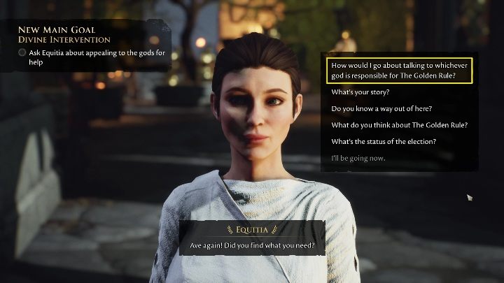 Możecie wypytać ją o wszystko, ale zależy nam na opcji How would I go about talking to whichever go dis responsible for The Golden Rule - The Forgotten City: Rozmowy z mieszkańcami - solucja, opis przejścia - The Forgotten City - poradnik do gry