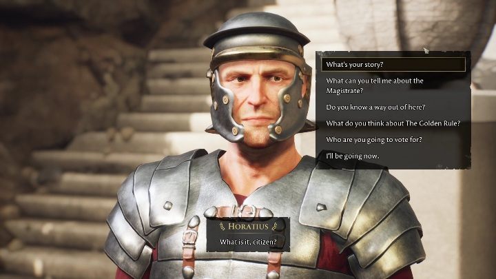 Horatius dzielnie pilnuje schodów prowadzących do wilii Sentiusa - The Forgotten City: Rozmowy z mieszkańcami - solucja, opis przejścia - The Forgotten City - poradnik do gry