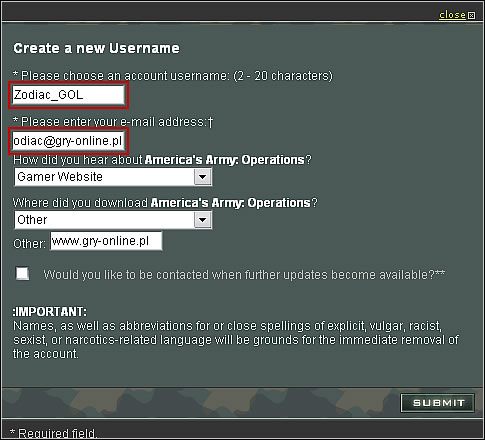 Jeśli wpisana ksywka nie jest już przez kogoś używana, po naciśnięciu na przycisk SUBMIT zostaniesz poinformowany o wiadomości e-mail, która została wysłana na podany przez Ciebie adres - Krok pierwszy - utworzenie konta | Rejestracja | Americas Army Operations - Americas Army: Operations - poradnik do gry