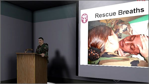 Usiądź w wyznaczonym miejscu oraz przyjrzyj się leżącej na stole kartce - rozpocznie się wykład - Medic Training - Airway Management | Trening | Americas Army Operations - Americas Army: Operations - poradnik do gry
