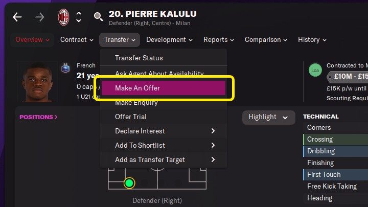Gdy już znajdziecie odpowiedniego zawodnika, którego chcecie wypożyczyć, wejdźcie na jego profil, a następnie rozwińcie menu Transfer i wybierzcie opcję złożenia oferty (Make An Offer) - Football Manager 2022: Wypożyczanie zawodników - Football Manager 2022 - poradnik do gry