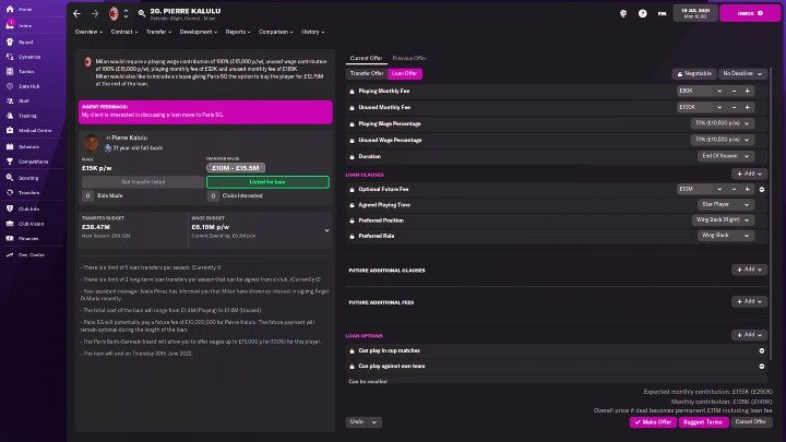 Po przejściu do zakładki oferty wypożyczenia (Loan Offer), będziecie mogli dostosować wszystkie dostępne klauzule potencjalnego kontraktu, a także dodać nowe, jeśli stwierdzicie, że są wymagane - Football Manager 2022: Wypożyczanie zawodników - Football Manager 2022 - poradnik do gry