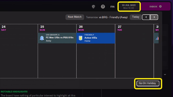 Aby dostać się do opcji szybkiej symulacji (Quick sim) w grze FM 2022 należy kliknąć zegar, który znajduje się w prawym górnym rogu ekranu, a następnie wybrać opcję pojechania na wakacje (Go On Holiday) - Football Manager 2022: Szybka symulacja - jak przyśpieszyć sezon? - Football Manager 2022 - poradnik do gry