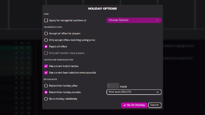 Waszym oczom ukaże się dodatkowe menu, w którym będziecie mogli nie tylko wybrać okres, przez który nie będziecie sprawować kontroli nad drużyną, ale także określić, jak klub ma funkcjonować pod Waszą nieobecność - Football Manager 2022: Szybka symulacja - jak przyśpieszyć sezon? - Football Manager 2022 - poradnik do gry