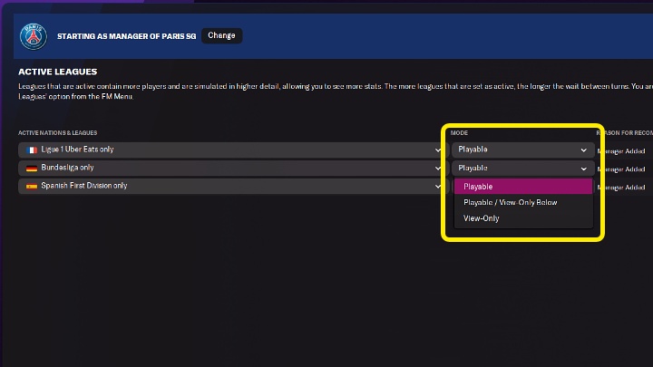 Przy każdej lidze z rozwijanego menu możecie wybrać następujące opcje - Football Manager 2022: Pierwsze kroki - konfiguracja kariery - Football Manager 2022 - poradnik do gry