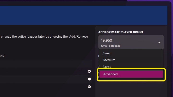 Przed rozpoczęciem rozgrywki w FM 2022 możecie oczywiście samodzielnie zawęzić lub rozszerzyć bazę danych zawodników - wystarczy przejść do zakładki ustawień zaawansowanych (Advanced) - Football Manager 2022: Pierwsze kroki - konfiguracja kariery - Football Manager 2022 - poradnik do gry