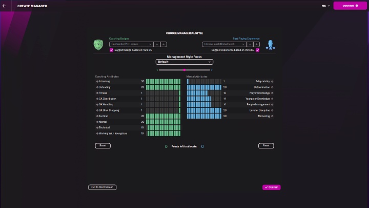Zdecydowanie ważniejsza jest zakładka stylu menedżerskiego (Menagerial Style), gdzie będziecie mogli określić atrybuty Waszej postaci - Football Manager 2022: Pierwsze kroki - konfiguracja kariery - Football Manager 2022 - poradnik do gry