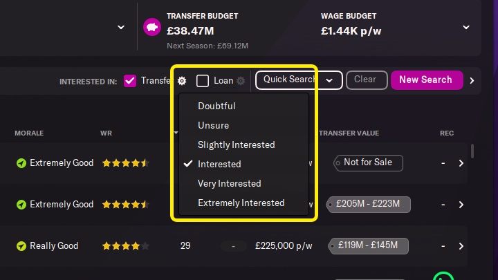 Wyniki wyszukiwania w oknie scoutingu można sortować na wiele różnych sposobów - w tym celu wystarczy kliknąć ikonę koła zębatego, aby rozwinąć odpowiednią listę - Football Manager 2022: Scouting - Football Manager 2022 - poradnik do gry