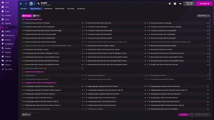 Po przejściu do zakładki personelu (Staff) i wybraniu Obowiązki > przegląd (Resposibilities > Overview), możecie sprawdzić, jakie zadania spoczywają na Waszych barkach, a jakie zostały oddelegowane do pozostałych pracowników - Football Manager 2022: Personel Backroom Staff - Football Manager 2022 - poradnik do gry