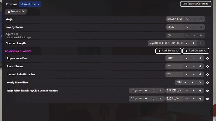 Wciąż nie byliśmy zadowoleni z przedstawionych warunków, dlatego po raz kolejny obniżyliśmy wartość poszczególnych klauzul kontraktu, jednak już nie w aż tak drastyczny sposób - Football Manager 2022: Negocjowanie kontraktów - Football Manager 2022 - poradnik do gry