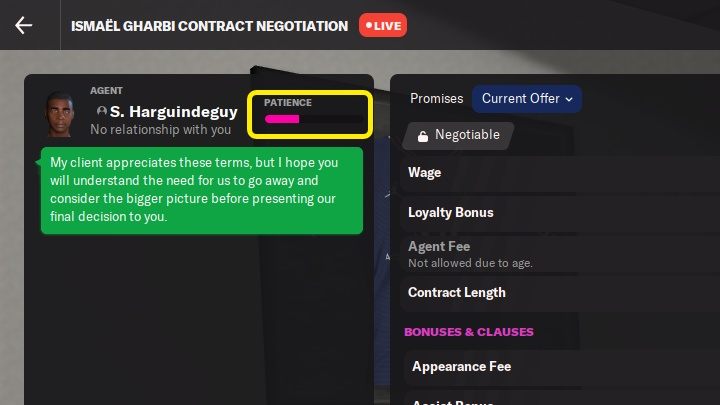 W trakcie negocjacji musicie oczywiście zwracać uwagę na cierpliwość agenta, która może szybko się wyczerpać, jeśli ciągle będziecie proponować niekorzystne warunki kontraktu dla jego klienta - Football Manager 2022: Negocjowanie kontraktów - Football Manager 2022 - poradnik do gry