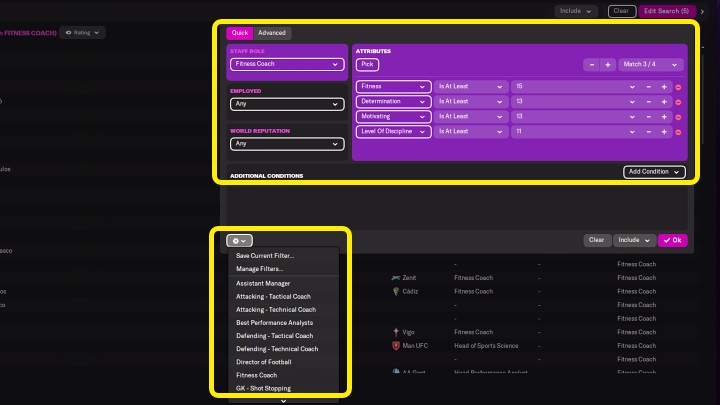 Teraz będziecie mogli korzystać ze specjalnie przygotowanych filtrów dopasowanych pod każdą rolę - wystarczy wybrać odpowiednią pozycję z rozwijanej listy, a w górnej części okna pojawi się lista pożądanych atrybutów i ich poziomów - Football Manager 2022: Niestandardowe filtry - jak zastosować? - Football Manager 2022 - poradnik do gry