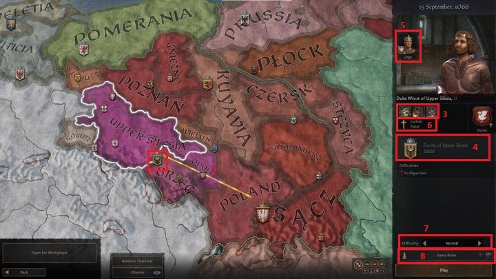 Po kliknięciu na któryś z mniejszych herbów (1) zobaczycie podział kraju na jednostki administracyjne - Crusader Kings 3: Uruchomienie pierwszej rozgrywki - Crusader Kings 3 - poradnik do gry
