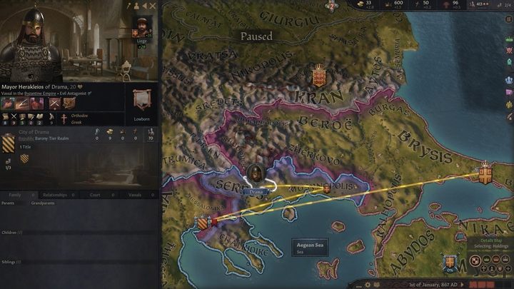 Drabina feudalna w pigułce, podążaj za żółtymi liniami: baron odpowiada przed hrabią, hrabia przed księciem, a książę przed królem/cesarzem. - Crusader Kings III: Tytuły - Crusader Kings 3 - poradnik do gry