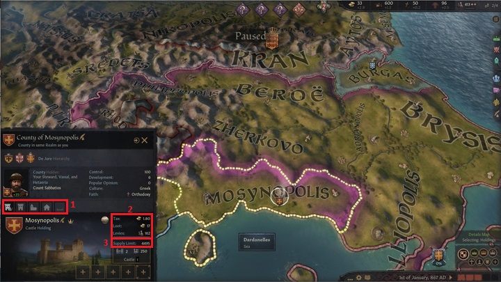W środkowej części okna hrabstwa (1) znajdziecie listę należących do niego baronii - Crusader Kings III: Tytuły - Crusader Kings 3 - poradnik do gry