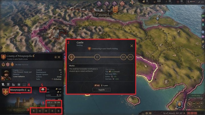 Poniżej znajdziecie przycisk (1), za pomocą którego podniesiecie poziom wybranej baronii - Crusader Kings III: Tytuły - Crusader Kings 3 - poradnik do gry