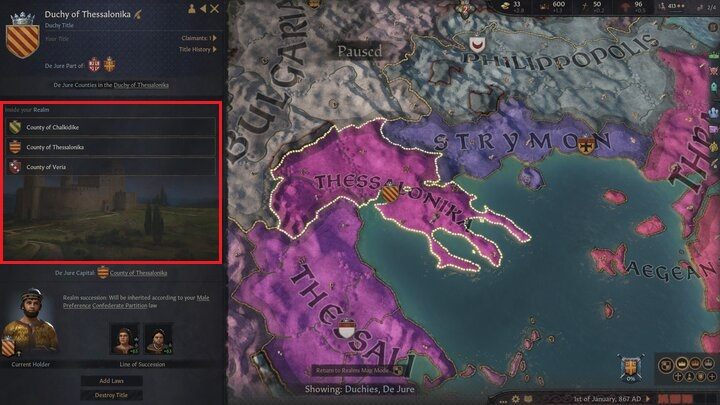 Informacje o terenach de jure znajdziecie w środkowej części okna podglądu wybranego tytułu - Crusader Kings III: Tytuły - Crusader Kings 3 - poradnik do gry