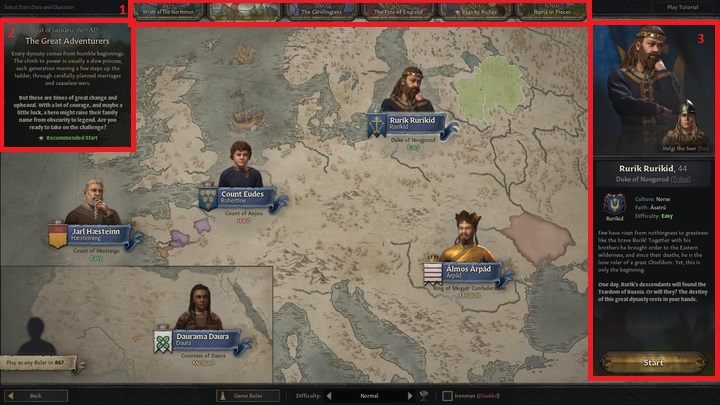 Po wejściu do głównego okna wyboru postaci, na samej górze możesz zauważyć sześć zakładek (1) - Crusader Kings 3: Wybór władcy - Crusader Kings 3 - poradnik do gry