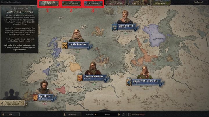 Pierwszym scenariuszem od lewej jest Wrath of The Northmen (1) - Crusader Kings 3: Wybór władcy - Crusader Kings 3 - poradnik do gry