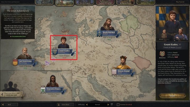 Dla przykładu, decydując się na rozgrywkę hrabią Odonem (Count Eudes) rozpoczniesz grę w centralnej Francji, będąc poddanym ówczesnego króla - Crusader Kings 3: Wybór władcy - Crusader Kings 3 - poradnik do gry