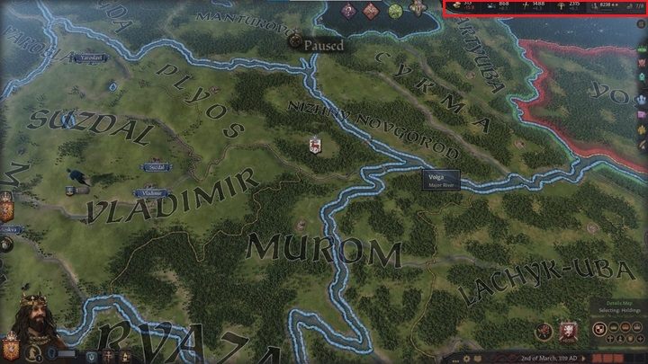 Dalej na prawo znajdziesz raport na temat stanu Twoich zasobów - Crusader Kings 3: Opis interfejsu - Crusader Kings 3 - poradnik do gry