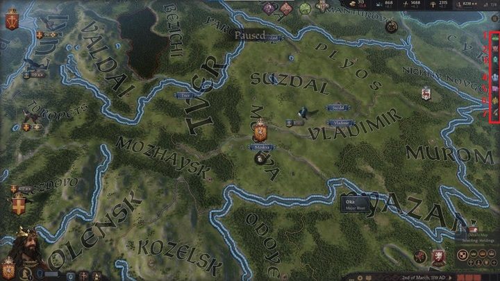 Niżej znajdziesz siedem ikon odnoszących się kolejno do: zarządzania królestwem (1), spraw militarnych (2), rady (3), dworu (4), intryg (5), frakcji (6) oraz decyzji (7) - Crusader Kings 3: Opis interfejsu - Crusader Kings 3 - poradnik do gry