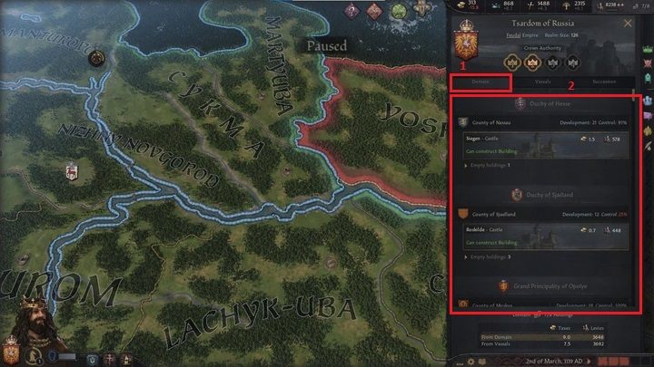Niżej znajdziesz trzy zakładki, z których pierwsza (1) dotyczy Twojej domeny - Crusader Kings 3: Opis interfejsu - Crusader Kings 3 - poradnik do gry