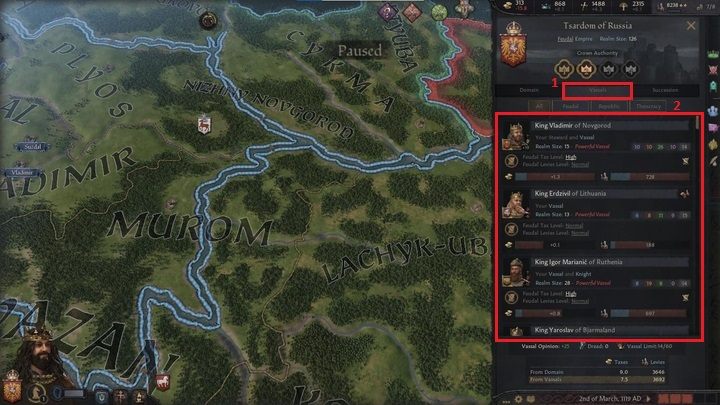 Druga zakładka (1) zawiera zestawienie Twoich bezpośrednich wasali - Crusader Kings 3: Opis interfejsu - Crusader Kings 3 - poradnik do gry