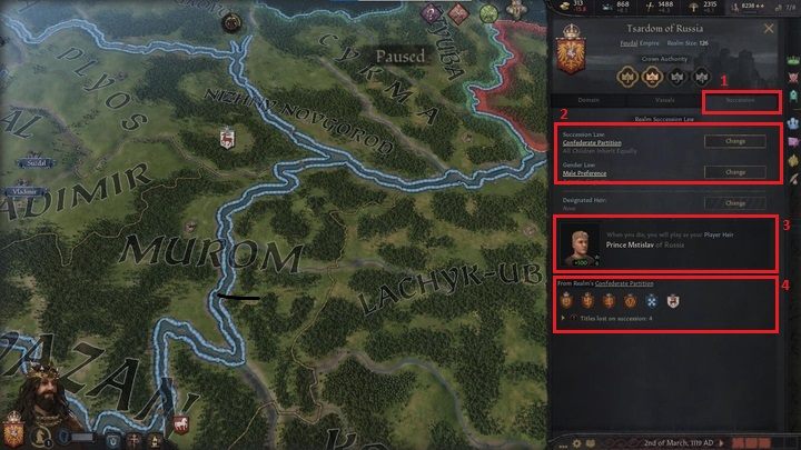 Ostatnia z zakładek (1) dotyczy prawa dziedziczenia - Crusader Kings 3: Opis interfejsu - Crusader Kings 3 - poradnik do gry