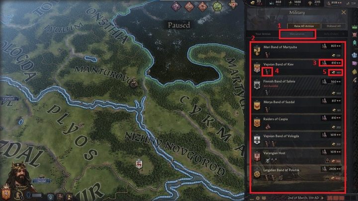 Druga zakładka (1) otwiera widok najemników - Crusader Kings 3: Opis interfejsu - Crusader Kings 3 - poradnik do gry