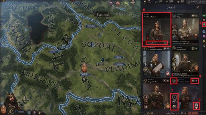 Trzecie okno (1) służy do zarządzania radą - Crusader Kings 3: Opis interfejsu - Crusader Kings 3 - poradnik do gry