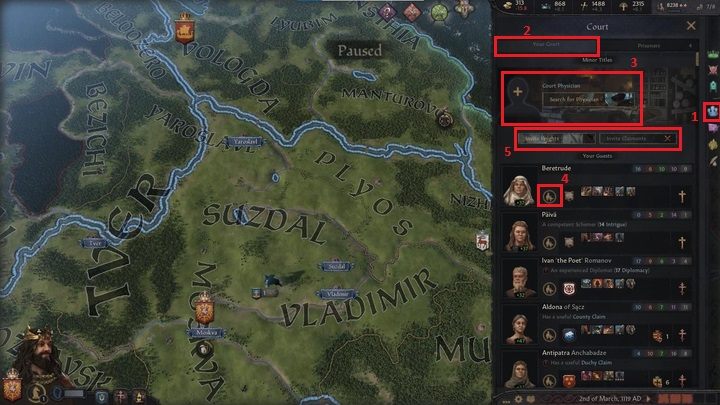 Następna, czwarta już, ikona (1) otwiera menu zarządzania dworem - Crusader Kings 3: Opis interfejsu - Crusader Kings 3 - poradnik do gry
