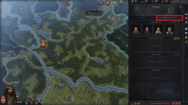 W drugiej zakładce znajdziesz więcej informacji na temat sekretów i haków jakie posiadasz na różne postacie - Crusader Kings 3: Opis interfejsu - Crusader Kings 3 - poradnik do gry