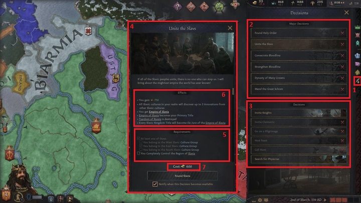 Ostatnia ikona (1) uruchamia okno decyzji - Crusader Kings 3: Opis interfejsu - Crusader Kings 3 - poradnik do gry